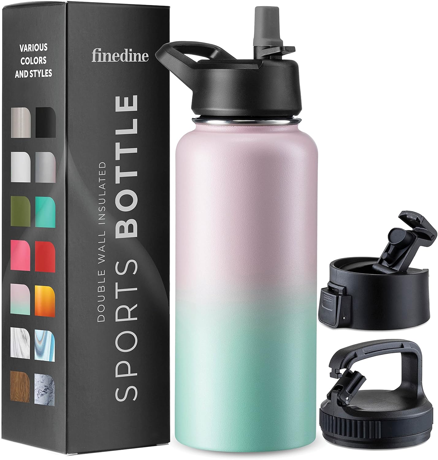 FineDine Triple Walled, Insulated Water Bottles with Straw - 25 Oz Stainless Steel Metal Bottle W/ 3 Leak Proof Lids - For Travel, School, Sports, Gym / Men, Women & Kids - Cheery Turquoise