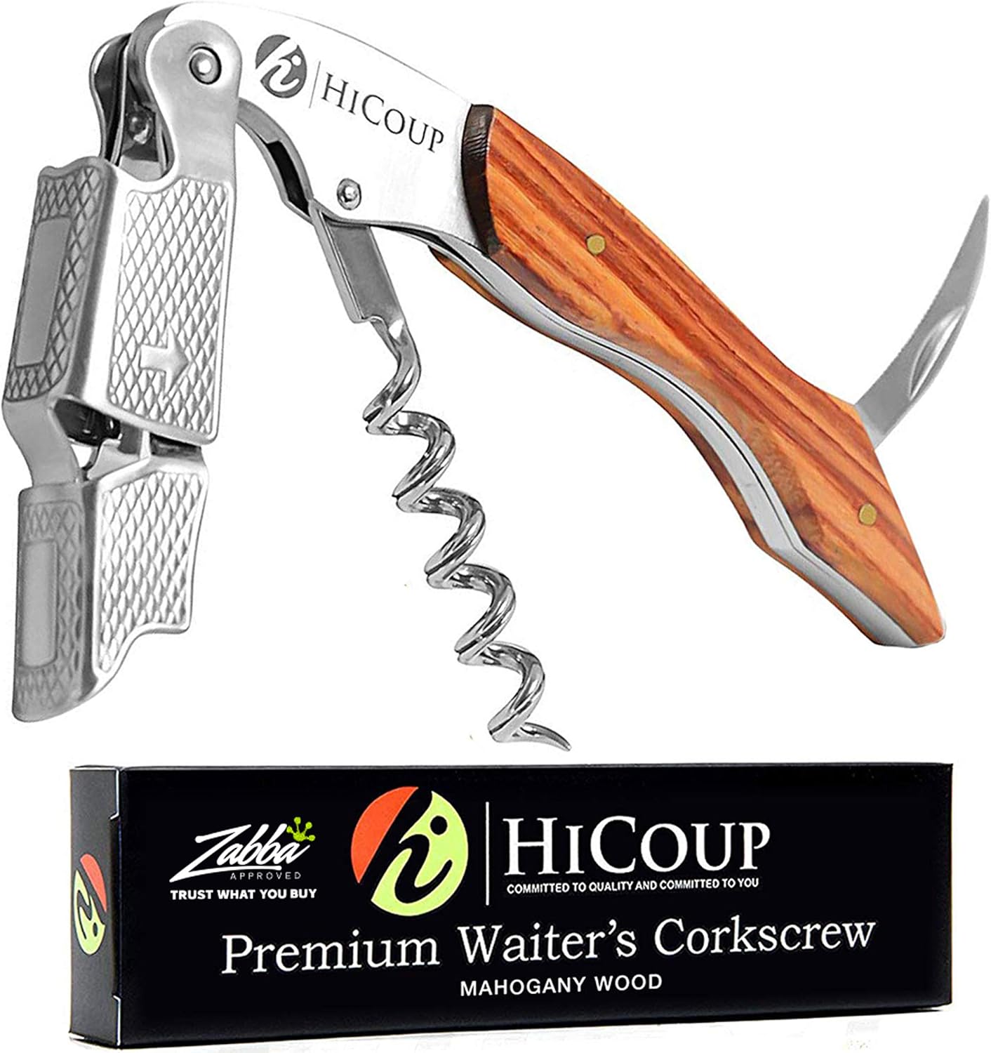 Hicoup Wine Opener - Professional Corkscrews for Wine Bottles w/Foil Cutter and Cap Remover - Manual Wine Key for Servers, Waiters, Bartenders and Home Use - Pakka Wood