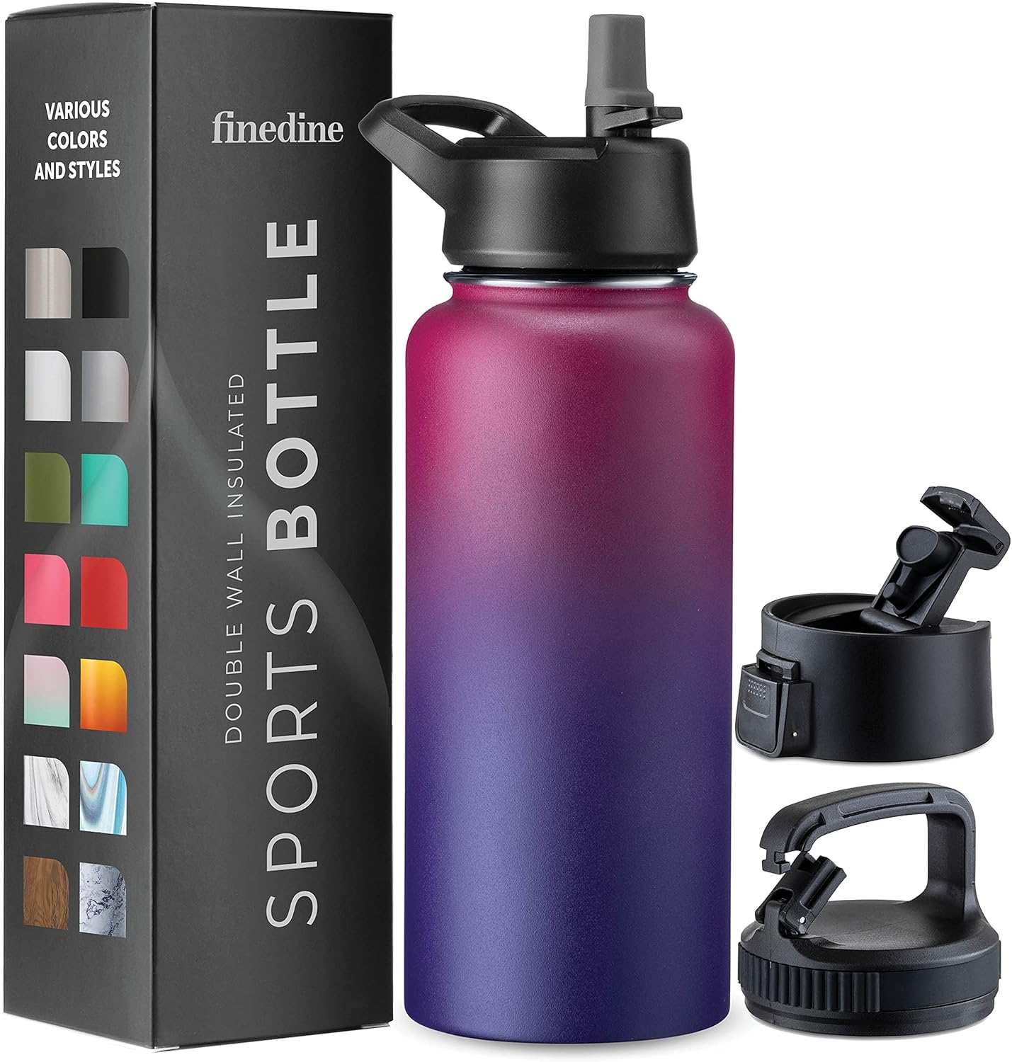 FineDine Triple Walled, Insulated Water Bottles with Straw - 25 Oz Stainless Steel Metal Bottle W/ 3 Leak Proof Lids - For Travel, School, Sports, Gym / Men, Women & Kids - Cheery Turquoise