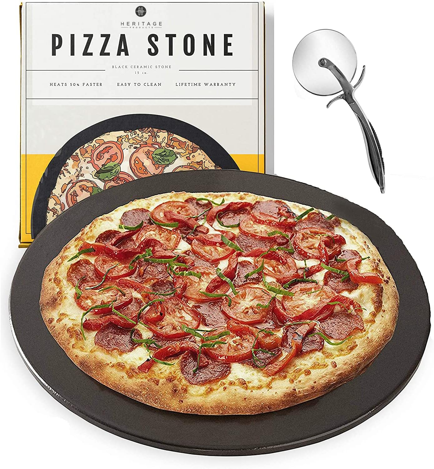 Heritage 15" Ceramic Pizza Stone Set - Non-Stick, Stain-Free with Bonus Cutter - Black