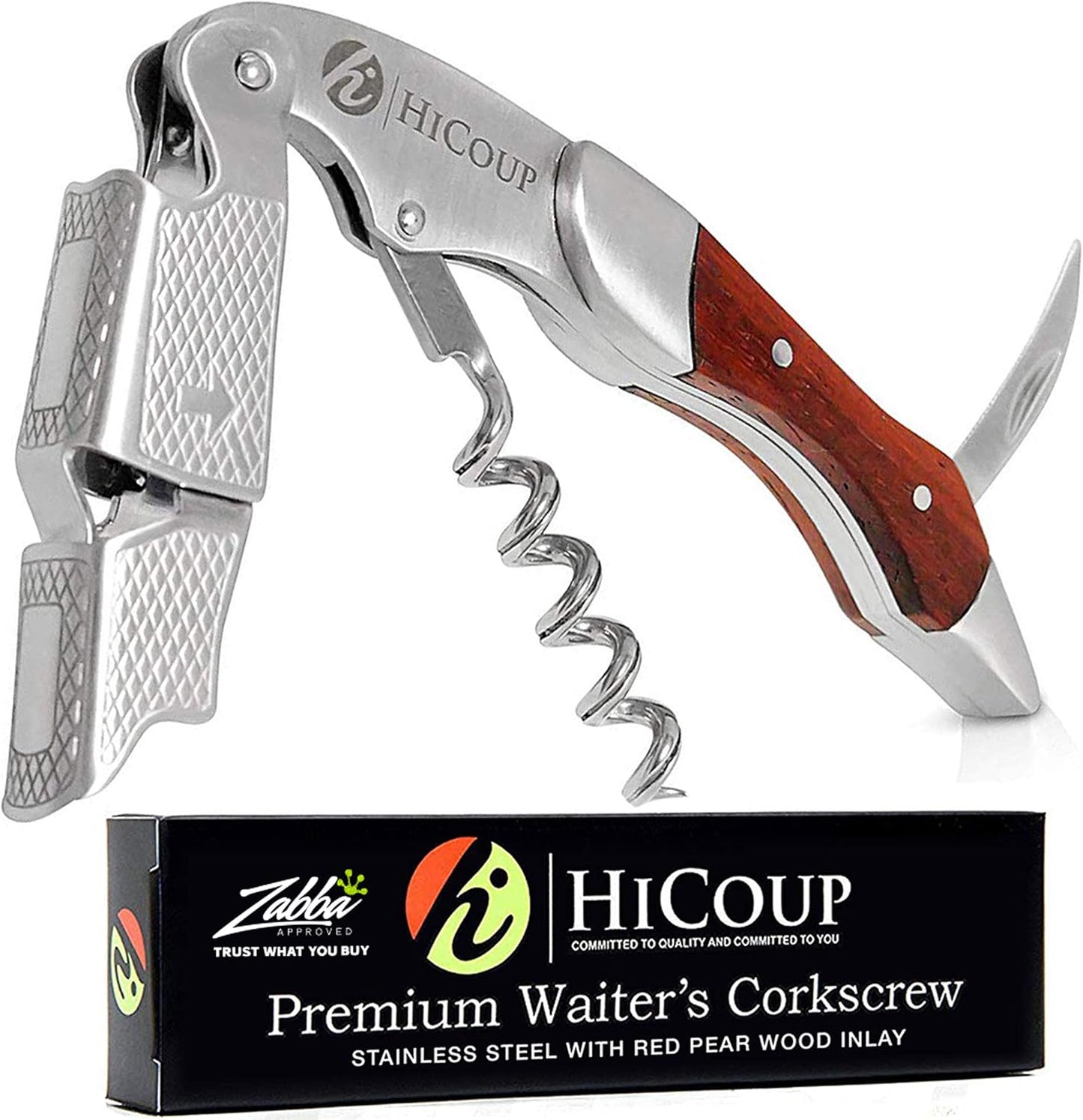 Hicoup Wine Opener - Professional Corkscrews for Wine Bottles w/Foil Cutter and Cap Remover - Manual Wine Key for Servers, Waiters, Bartenders and Home Use - Pakka Wood