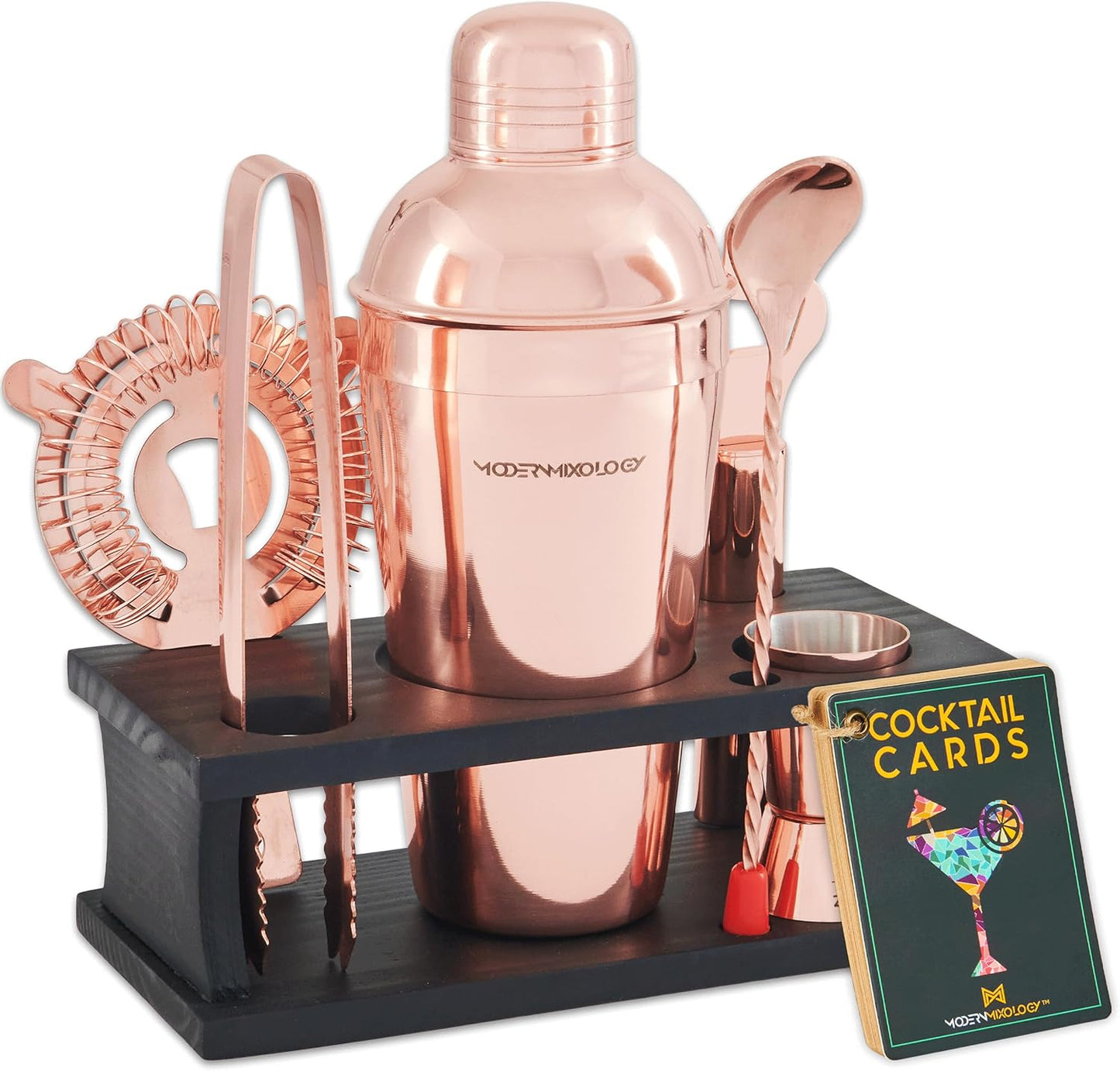 Mixology Bartender Kit - 8-Piece Silver Cocktail Shaker Set with Black Wood Stand, Recipe Cards, and Bar Accessories Ideas