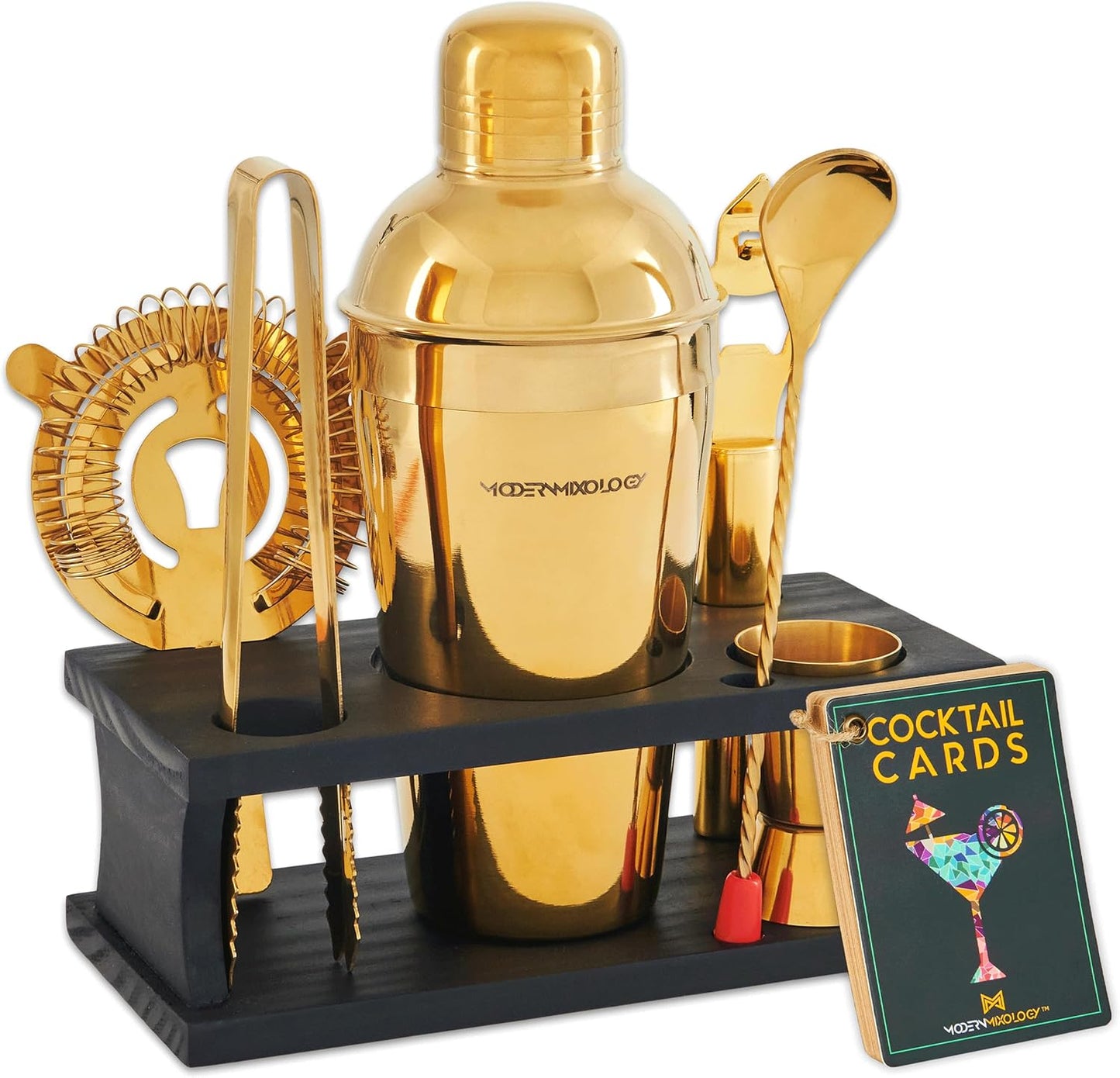 Mixology Bartender Kit - 8-Piece Silver Cocktail Shaker Set with Black Wood Stand, Recipe Cards, and Bar Accessories Ideas