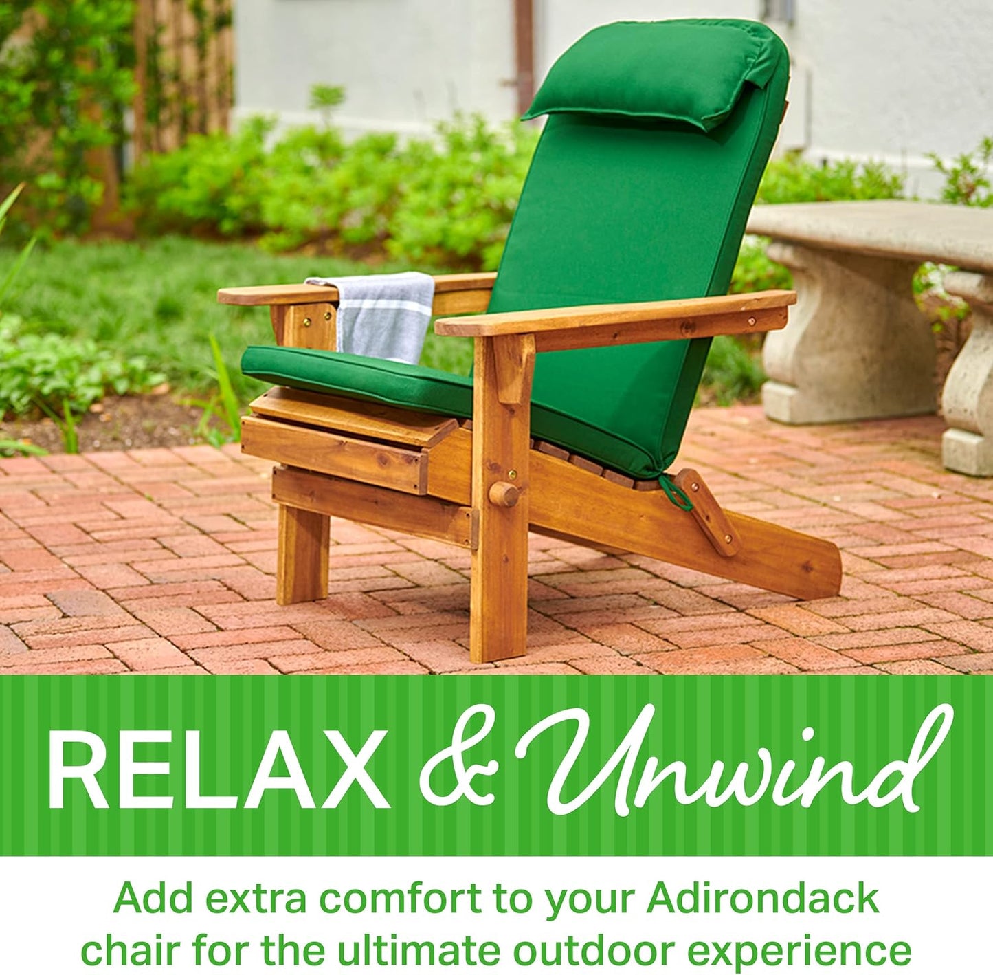 Plant Theatre Adirondack Chair Cushion - High Back Patio Chair Cushion for Outdoor Furniture - Outdoor Chair Cushions for Rocking Chairs, Front Porch, Yard and Lawn Furniture - 49" x 22" Green