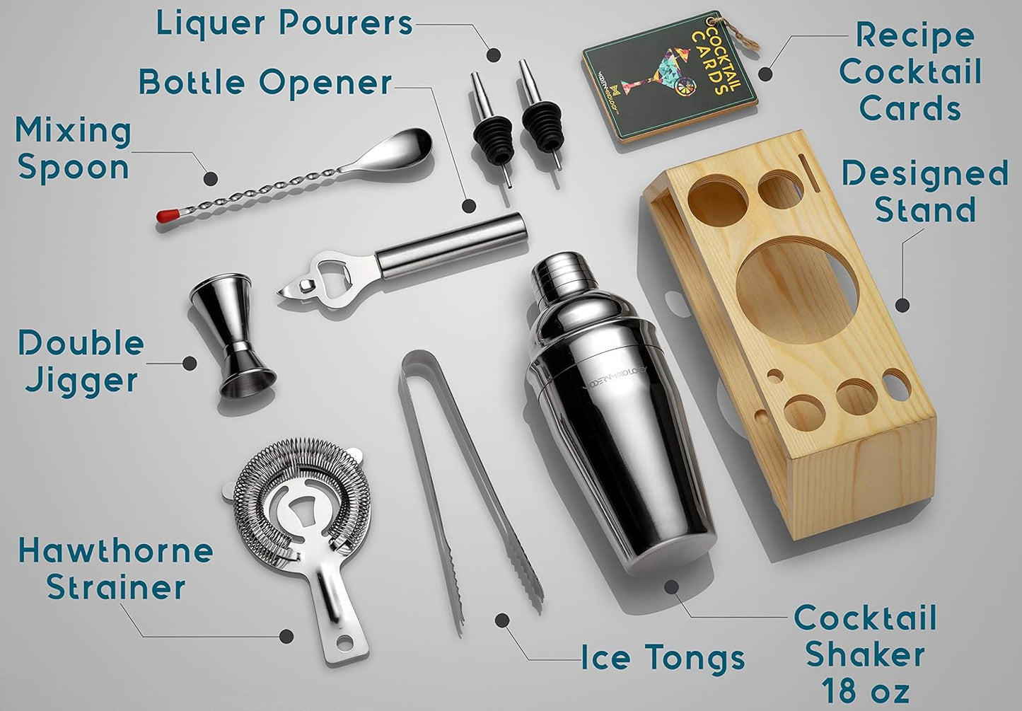 Modern Mixology Bartender Kit with Bamboo Stand - Cocktail Shaker Set and Bar Accessories for Home Bar, Drink Mixing, and Mixology Kit