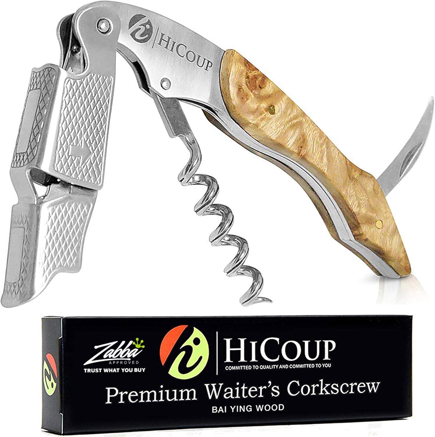 Hicoup Wine Opener - Professional Corkscrews for Wine Bottles w/Foil Cutter and Cap Remover - Manual Wine Key for Servers, Waiters, Bartenders and Home Use - Pakka Wood