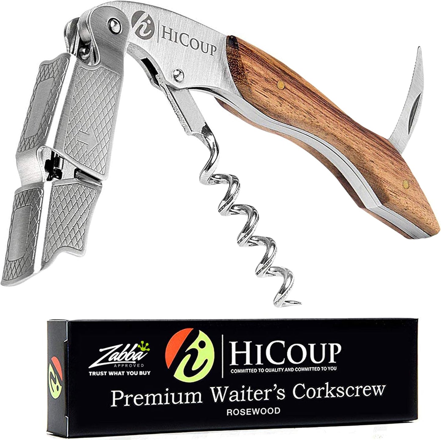 Hicoup Wine Opener - Professional Corkscrews for Wine Bottles w/Foil Cutter and Cap Remover - Manual Wine Key for Servers, Waiters, Bartenders and Home Use - Pakka Wood