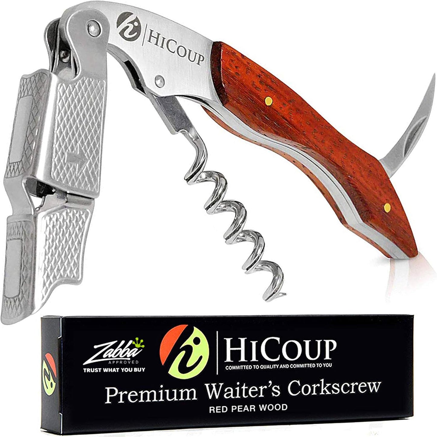 Hicoup Wine Opener - Professional Corkscrews for Wine Bottles w/Foil Cutter and Cap Remover - Manual Wine Key for Servers, Waiters, Bartenders and Home Use - Pakka Wood