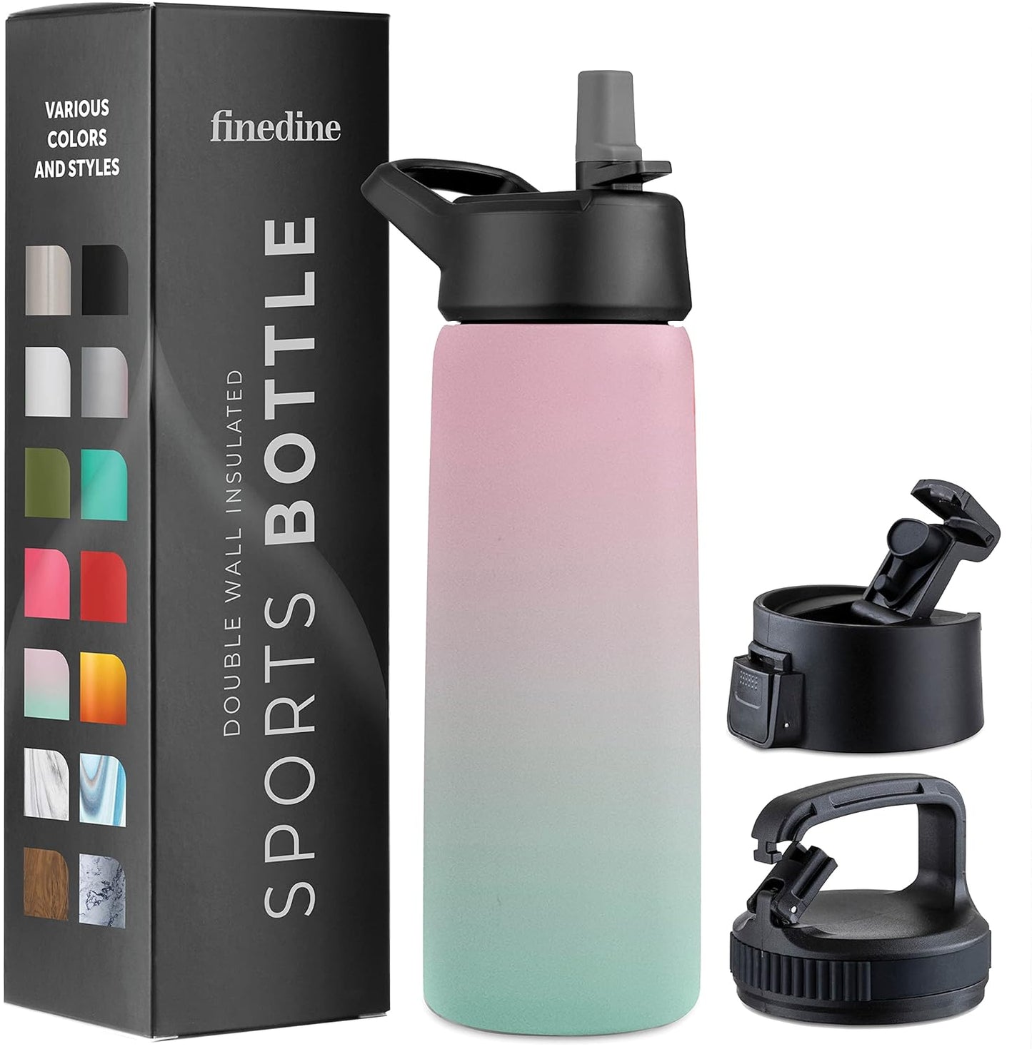 FineDine Triple Walled, Insulated Water Bottles with Straw - 25 Oz Stainless Steel Metal Bottle W/ 3 Leak Proof Lids - For Travel, School, Sports, Gym / Men, Women & Kids - Cheery Turquoise