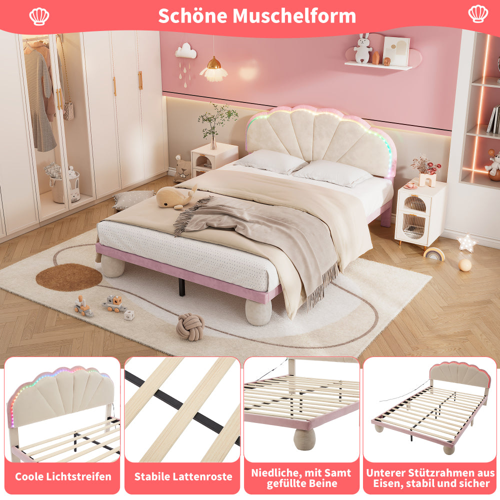 Polsterbett mit mehrfarbigen, wechselnden Lichtstreifen, Kopfteil mit Wellenschliff, mit gepolsterter runden Beine, Kinderbett, Jugendbett mit Holzlatten, Doppelbett, Samt, Beige+Rosa, 140x200cm