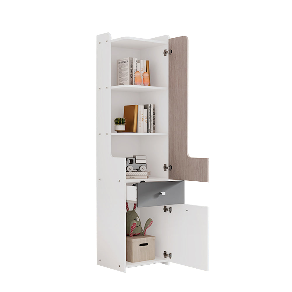 Hohes Bücherregal, Teenager-Regal mit L-förmigen Tür, mit Schublade, Aufbewahrungsschränke, Türen mit Scharnieren, mit quadratische Metallknöpfe, MDF, Weiß + helle Ulmefarbe + Grau