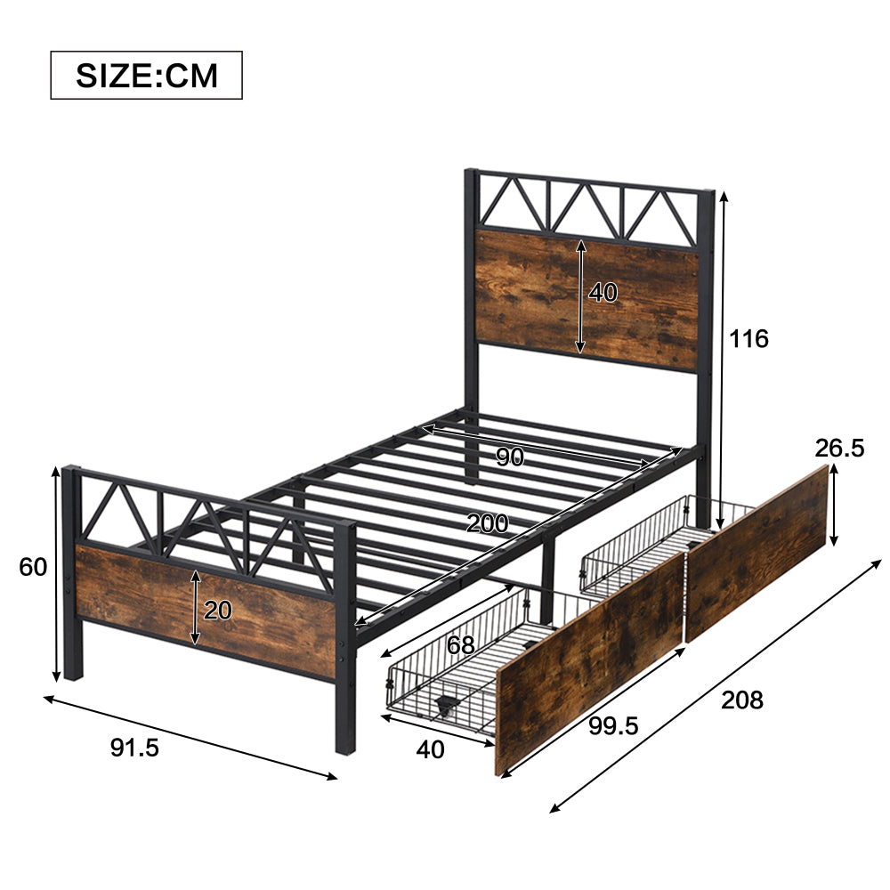 Metallbett, Kinderbett, Vintage-Holzfarben, Zwei Schubladen mit Rollen, Heranwachsende und Erwachsene, Metallrahmen, Flachbetten, Metall+MDF, Schwarz + Walnuss, 90x200cm