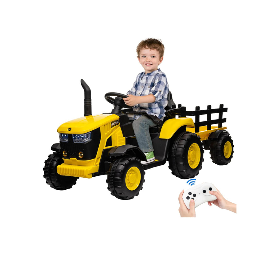 Ride on Tractor, 12 V Battery Powered Electric Vehicle Toy w/Remote Control,music, LED Lights, Removable trailer bucket, Safety Belt