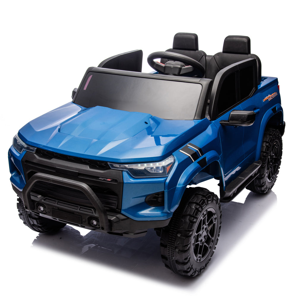 24V10A Two-seater Kids Ride On Electric Pickup, kids ride on toy W/parents remote control,4WD 800W motors,Two Safety belts,High Gate Safety Design,USB,Bluetooth, Speed 2.49-3.73MPH for kids aged 3+.