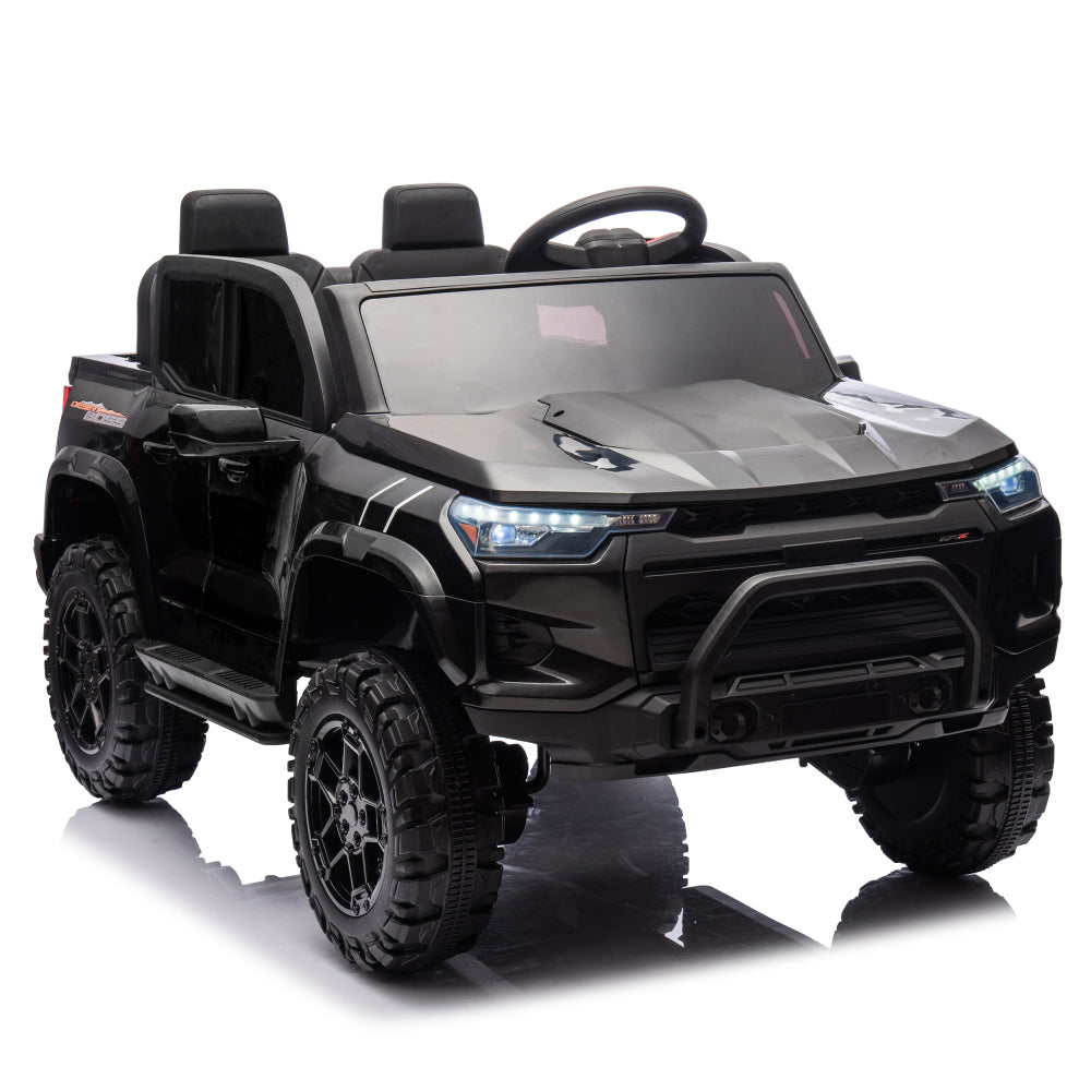 24V Two-seater Kids Ride On Electric Pickup,kids ride on toy W/parents remote control,4WD 800W motors,Two Safety Belts,High Gate Safety Design,Top warning light, Speed 2.49-3.73MPH for kids aged 3+.