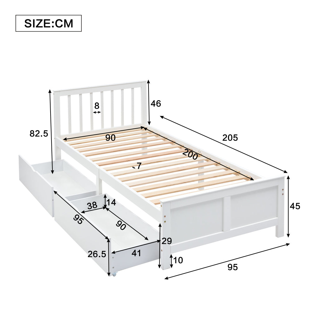 [WF299616WAA-1] Holzbett, Einzelbett, Jugendbett, Erwachsenenbett, mit Schubladen zur Aufbewahrung, Rahmen aus Kiefernholz, weiß (90x200cm)