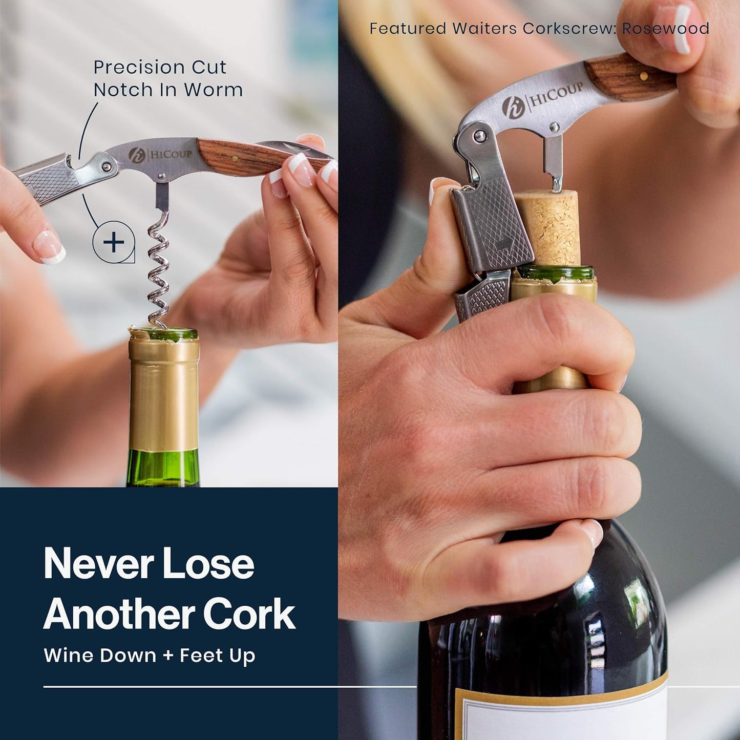 Hicoup Wine Opener - Professional Corkscrews for Wine Bottles w/Foil Cutter and Cap Remover - Manual Wine Key for Servers, Waiters, Bartenders and Home Use - Pakka Wood