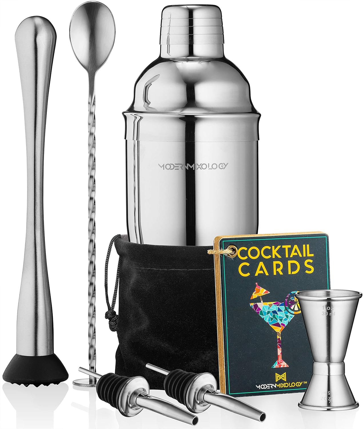 Mixology Cocktail Shaker Set Drink Mixer, 8-Piece Portable Bartender Kit with 24oz Martini Shaker Barware Tool Set, 2 Pourers, Muddler, Jigger, Mixing Spoon, Velvet Bag, Built-in Strainer (Silver)