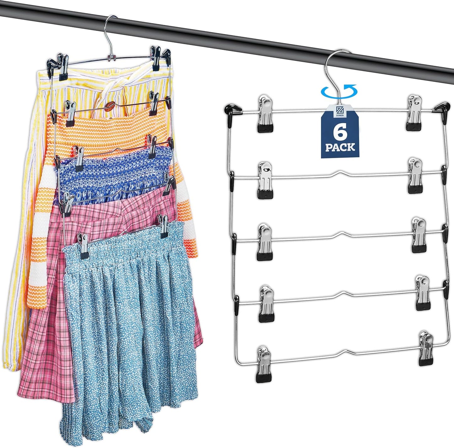 Zober 4-Tier Skirt Hangers with Clips - Metal, Non-Slip Space Saving Pants Hangers W/Adjustable Clips & Swivel Hooks - Skirt Hangers for Women (6-Pack)