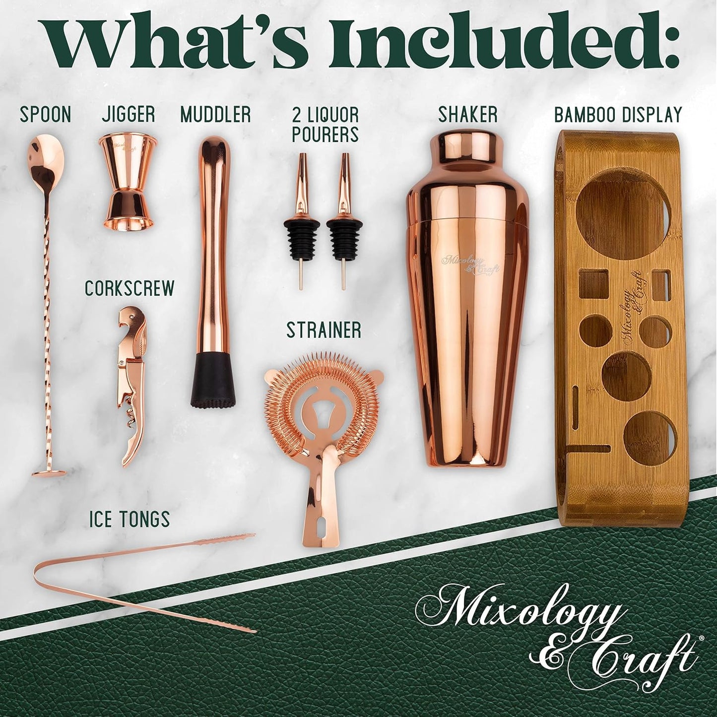 Mixology Bartender Kit: 10-Piece Bar Tool Set with Bamboo Stand | Perfect Home Bartending Kit and Martini Cocktail Shaker Set For a Perfect Drink Mixing Experience | Fun Housewarming Gift (Copper)