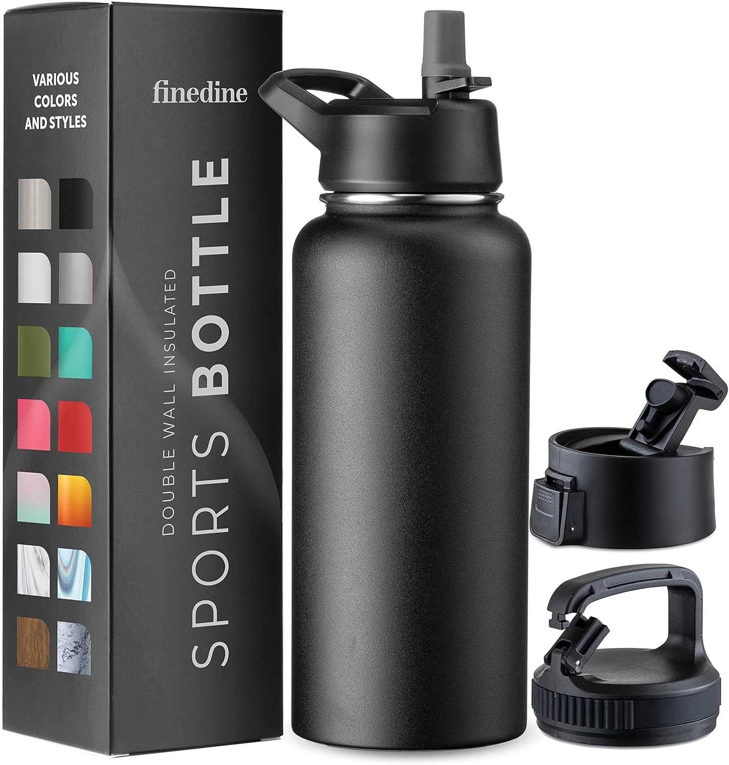 FineDine Triple Walled, Insulated Water Bottles with Straw - 25 Oz Stainless Steel Metal Bottle W/ 3 Leak Proof Lids - For Travel, School, Sports, Gym / Men, Women & Kids - Cheery Turquoise