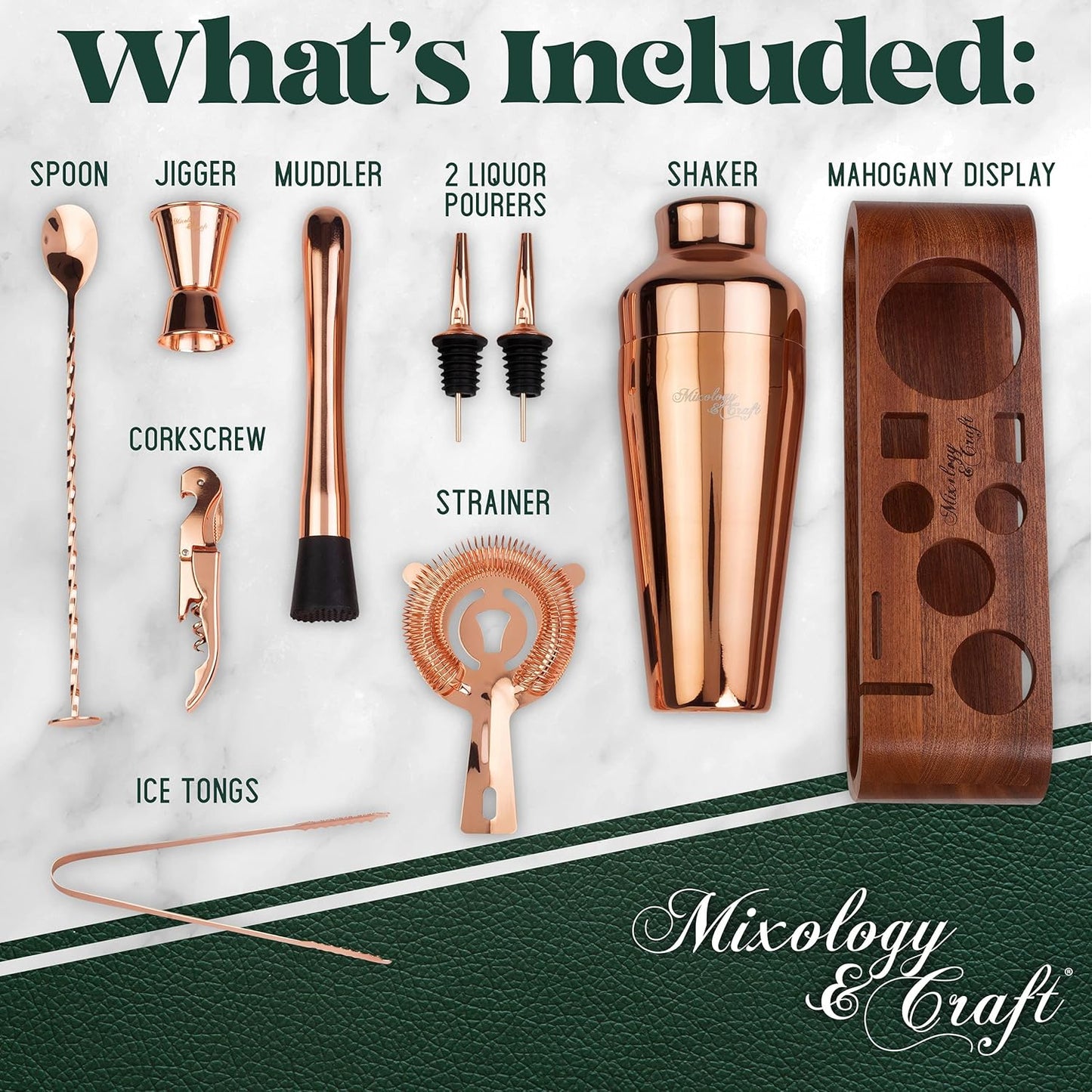 Mixology Bartender Kit: 10-Piece Bar Tool Set with Mahogany Stand | Perfect Home Bartending Kit and Martini Cocktail Shaker Set For a Perfect Drink Mixing Experience | Fun Housewarming Gift (Copper)