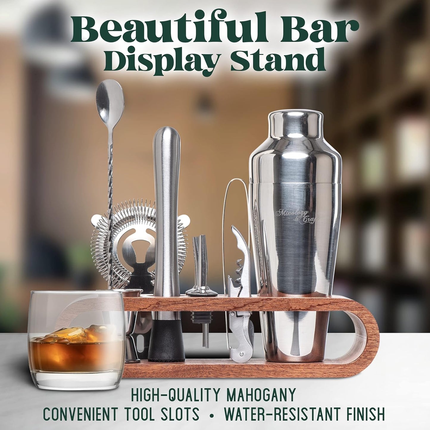 Mixology Bartender Kit: 10-Piece Bar Tool Set with Mahogany Stand | Perfect Home Bartending Kit and Martini Cocktail Shaker Set For a Perfect Drink Mixing Experience | Fun Housewarming Gift (Silver)