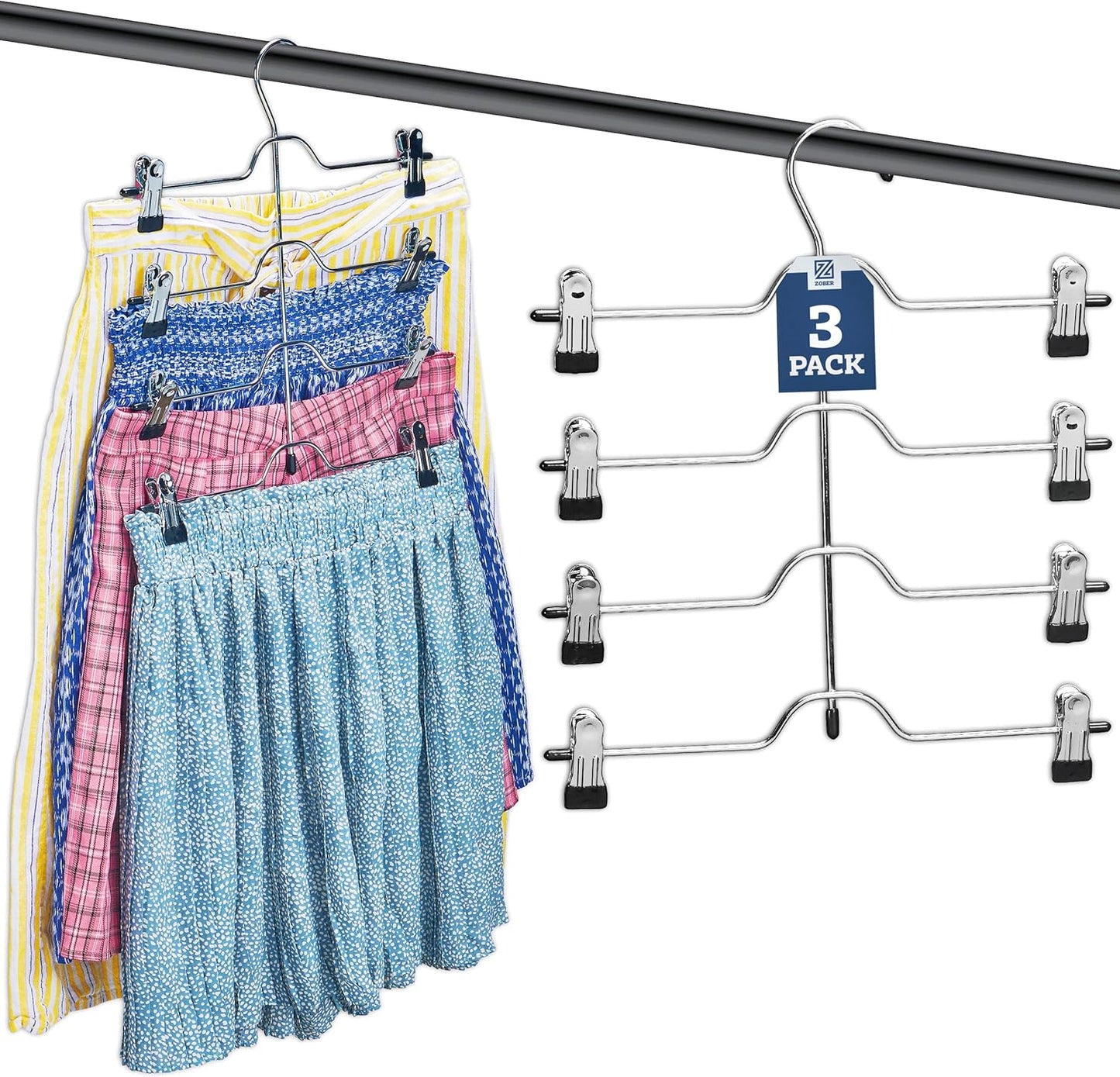 Zober 4-Tier Skirt Hangers with Clips - Metal, Non-Slip Space Saving Pants Hangers W/Adjustable Clips & Swivel Hooks - Skirt Hangers for Women (6-Pack)