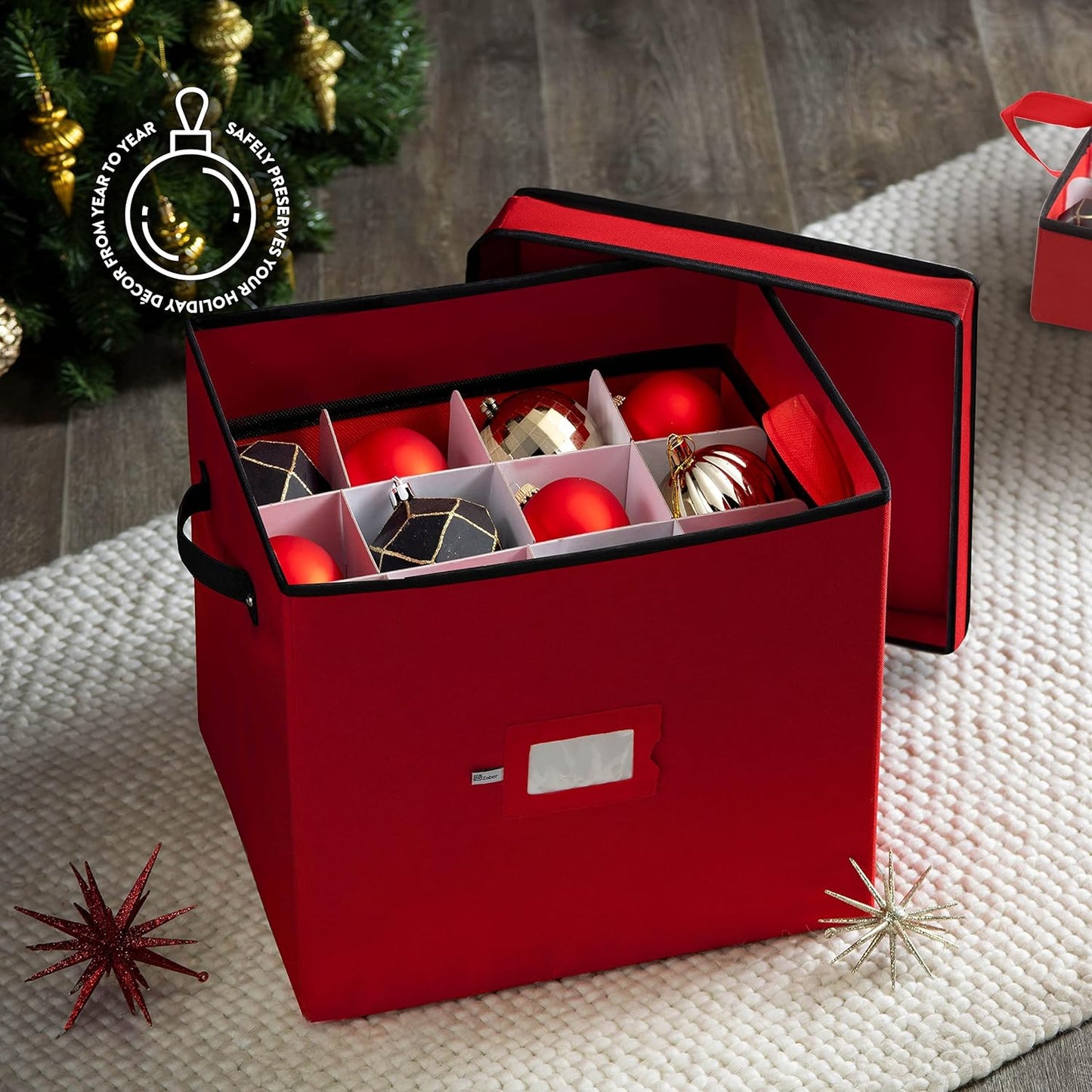 Zober Premium Christmas Ornament Storage Box for Large Ornaments with Trays- 4-inch Compartment - Storage Container Hold 36 Holiday Ornaments—Tear-Proof 600D Oxford (Red, Ornament Box With Trays)