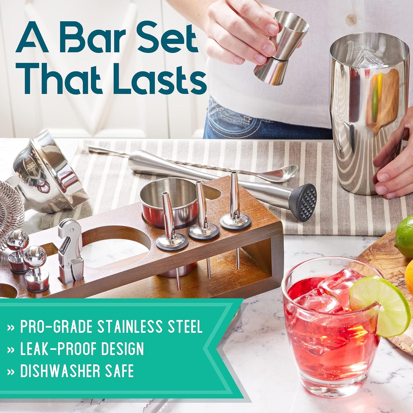 Mixology Bartender Kit: 23-Piece Bar Set Cocktail Shaker Set with Stylish Bamboo Stand | Perfect for Home Bar Tools Bartender Tool Kit and Martini Cocktail Shaker for Awesome Drink Mixing (Silver)