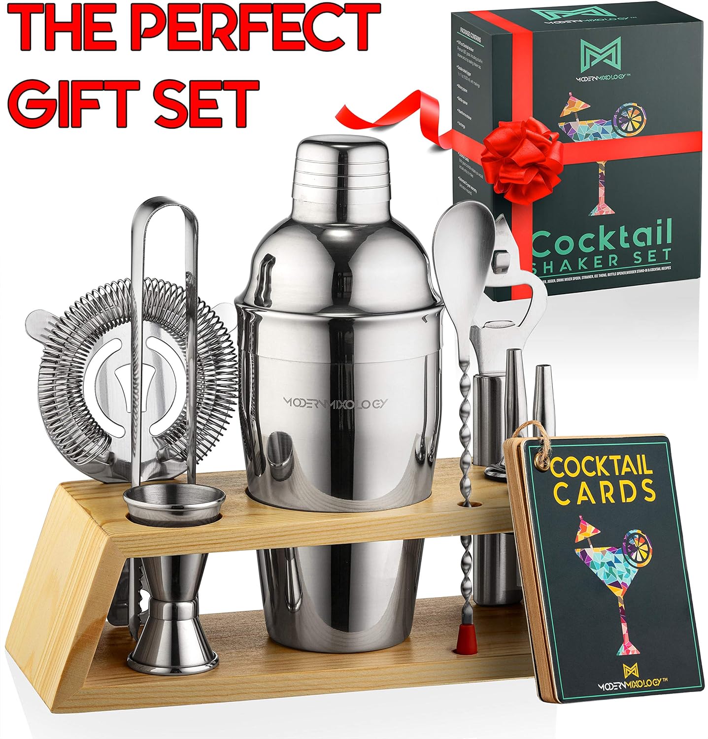 Modern Mixology Bartender Kit with Bamboo Stand - Cocktail Shaker Set and Bar Accessories for Home Bar, Drink Mixing, and Mixology Kit