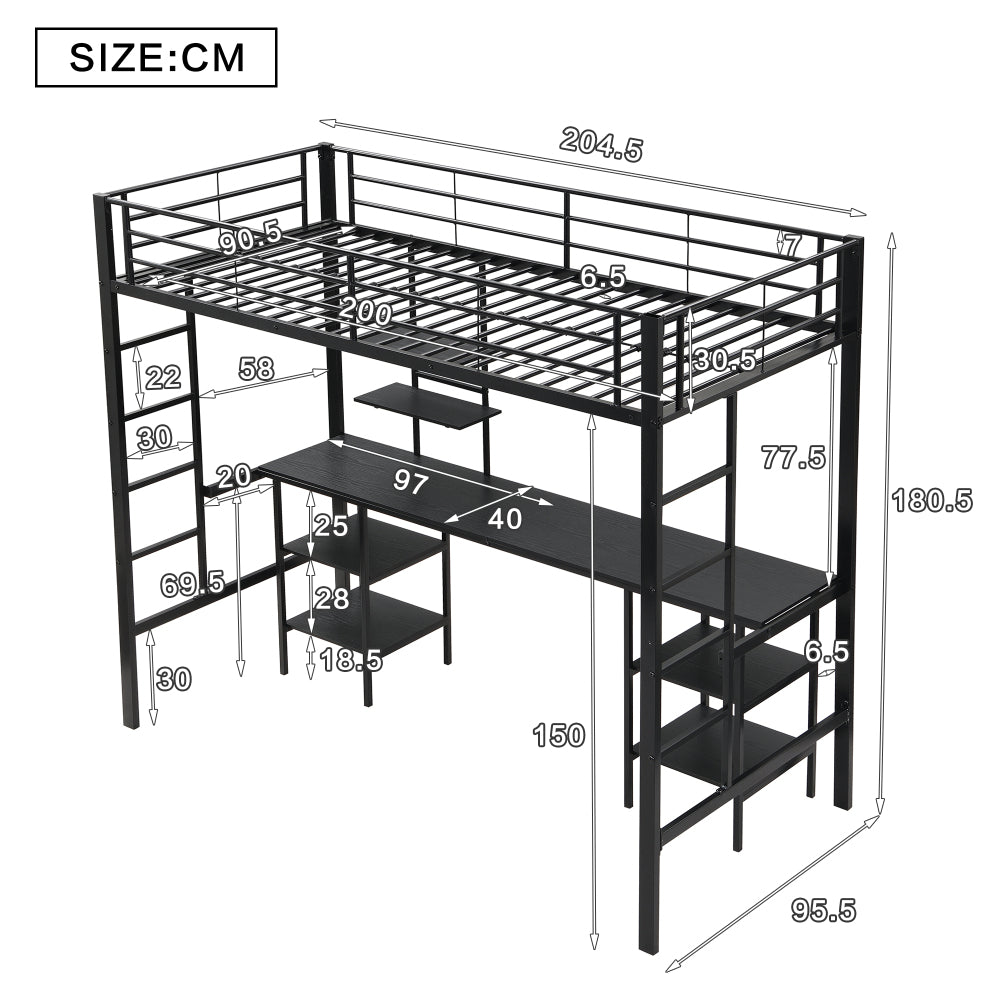 Eisenrahmenbett, Etagenbett mit Tisch und Regalen, Geeignet für Kinder und Jugendliche, Kinderbett mit Seitenleiter, mit Fallschutzgitter, Eisen + MDF, Schwarz, 90x200cm