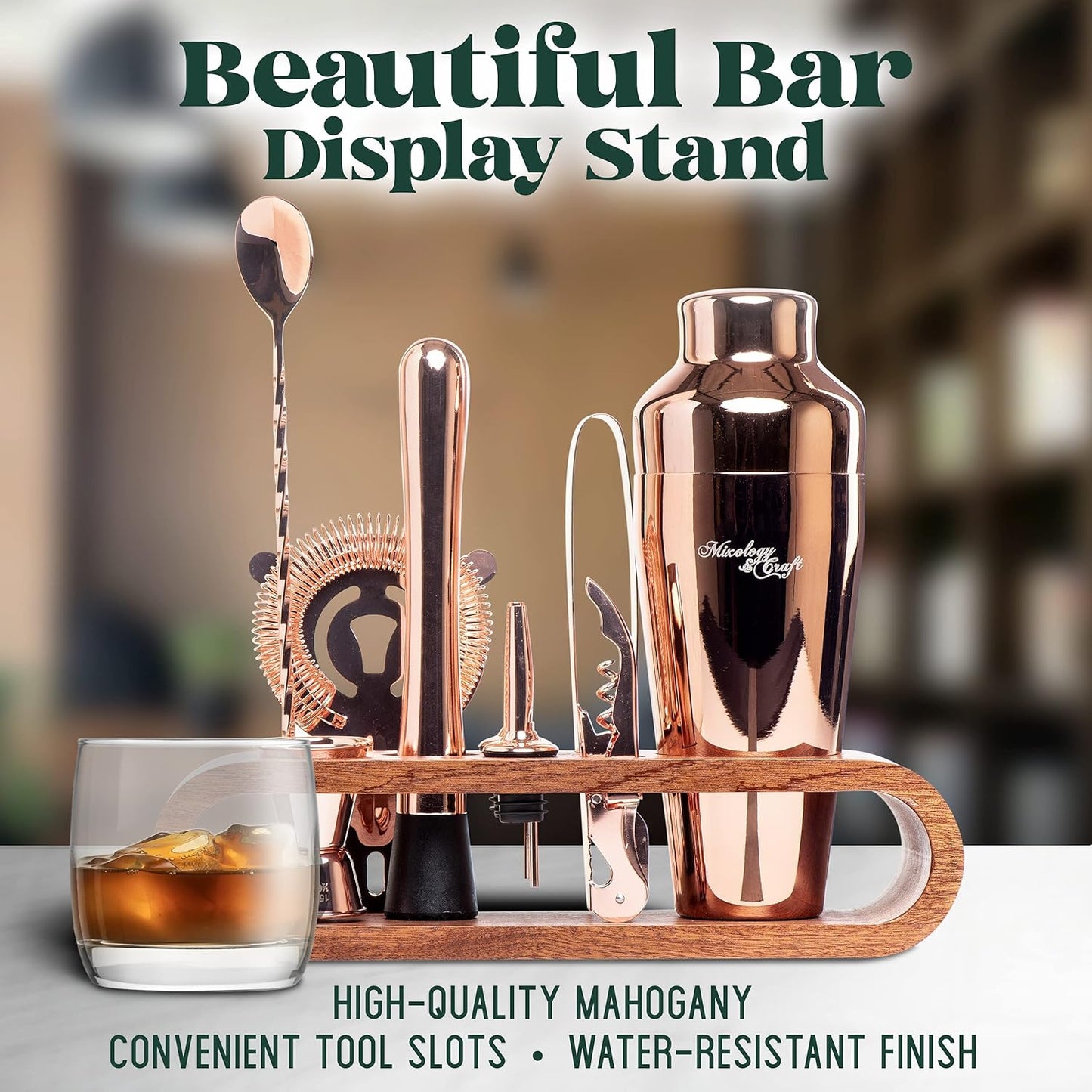 Mixology Bartender Kit: 10-Piece Bar Tool Set with Mahogany Stand | Perfect Home Bartending Kit and Martini Cocktail Shaker Set For a Perfect Drink Mixing Experience | Fun Housewarming Gift (Copper)