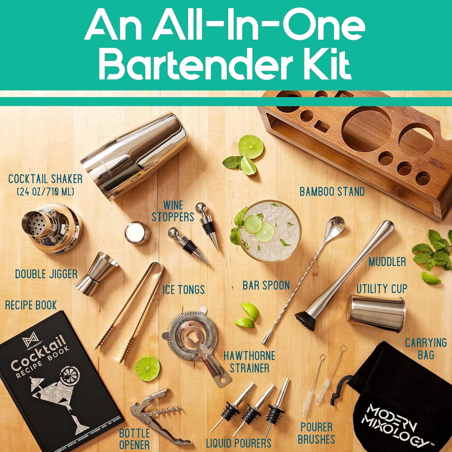 Mixology Bartender Kit: 23-Piece Bar Set Cocktail Shaker Set with Stylish Bamboo Stand | Perfect for Home Bar Tools Bartender Tool Kit and Martini Cocktail Shaker for Awesome Drink Mixing (Silver)