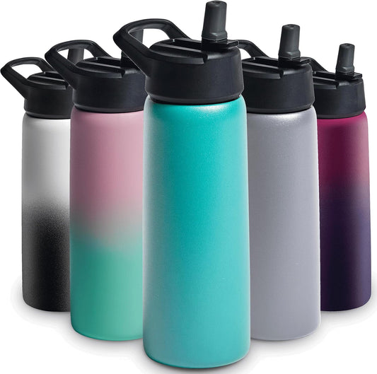 FineDine Triple Walled, Insulated Water Bottles with Straw - 25 Oz Stainless Steel Metal Bottle W/ 3 Leak Proof Lids - For Travel, School, Sports, Gym / Men, Women & Kids - Cheery Turquoise