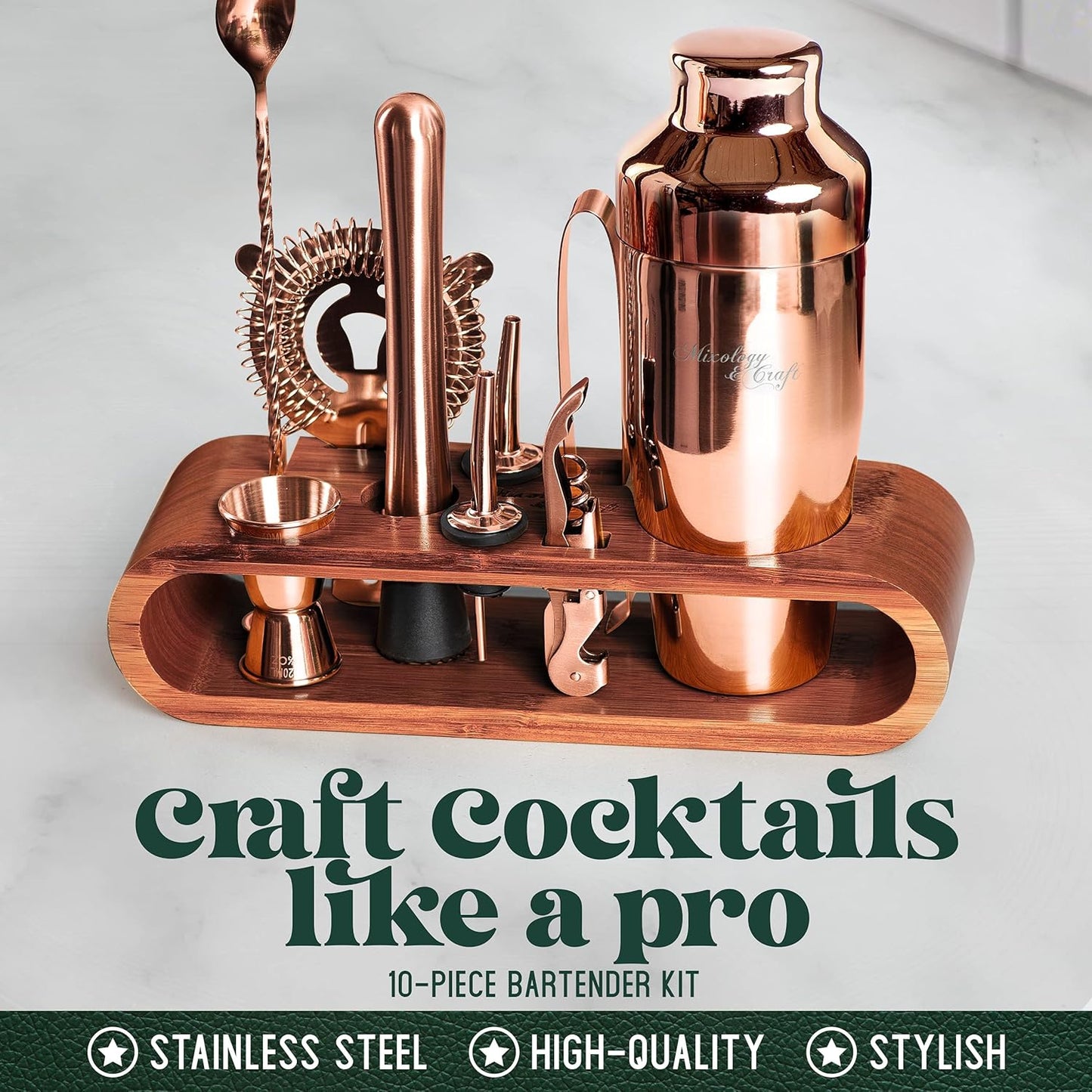 Mixology Bartender Kit: 10-Piece Bar Tool Set with Mahogany Stand | Perfect Home Bartending Kit and Martini Cocktail Shaker Set For a Perfect Drink Mixing Experience | Fun Housewarming Gift (Copper)