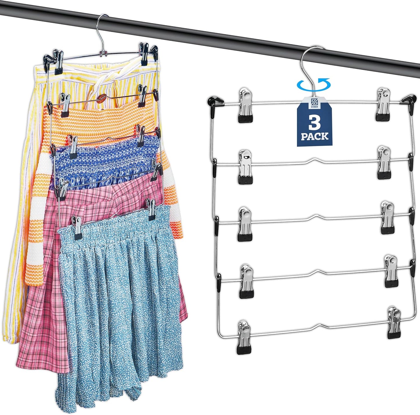 Zober 4-Tier Skirt Hangers with Clips - Metal, Non-Slip Space Saving Pants Hangers W/Adjustable Clips & Swivel Hooks - Skirt Hangers for Women (6-Pack)