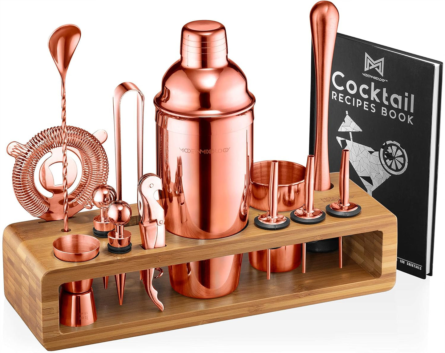 Mixology Bartender Kit: 23-Piece Bar Set Cocktail Shaker Set with Stylish Bamboo Stand | Perfect for Home Bar Tools Bartender Tool Kit and Martini Cocktail Shaker for Awesome Drink Mixing (Silver)