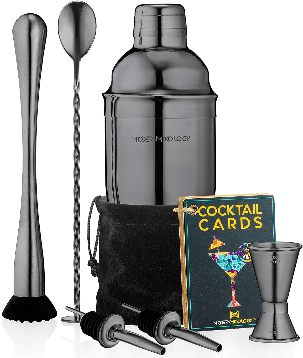 Mixology Cocktail Shaker Set Drink Mixer, 8-Piece Portable Bartender Kit with 24oz Martini Shaker Barware Tool Set, 2 Pourers, Muddler, Jigger, Mixing Spoon, Velvet Bag, Built-in Strainer (Silver)