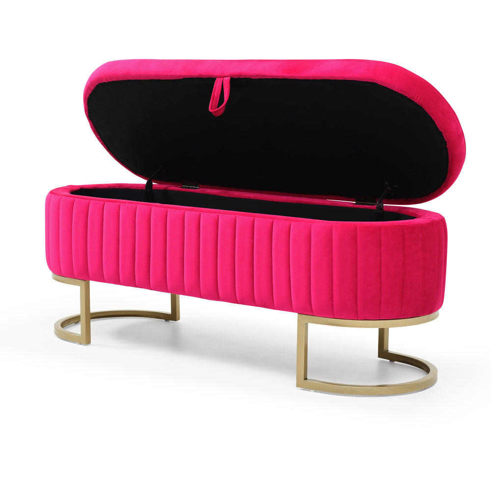 Storage Bench Bedroom Bench, Velvet Oval Upholstered End of Bed Bench with Golden Metal Legs,50"Modern Storage Ottoman Bench for Bedroom, Living Room,Entryway,Window, Rose Red