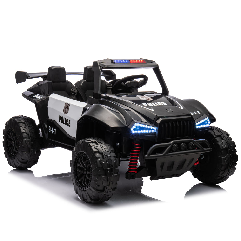 24V Two-seater Kids Ride On Electric Car W/Parents Control,Seat width 20.47in,2WD,Four-wheel suspension,The police car with a megaphone,Power display,Bluetooth,MP3,USB/TF,Music,LED Lights for Kids.