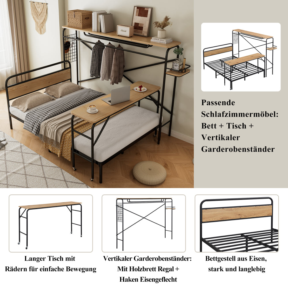 Metallbett, Flachbetten + Tisch + Vertikaler Garderobenständer, Tisch mit Rädern, Kompletter Satz Schlafzimmermöbel, Heranwachsende und Erwachsene, Metallrahmen, Metall+MDF, Schwarz + Natur, 140x200