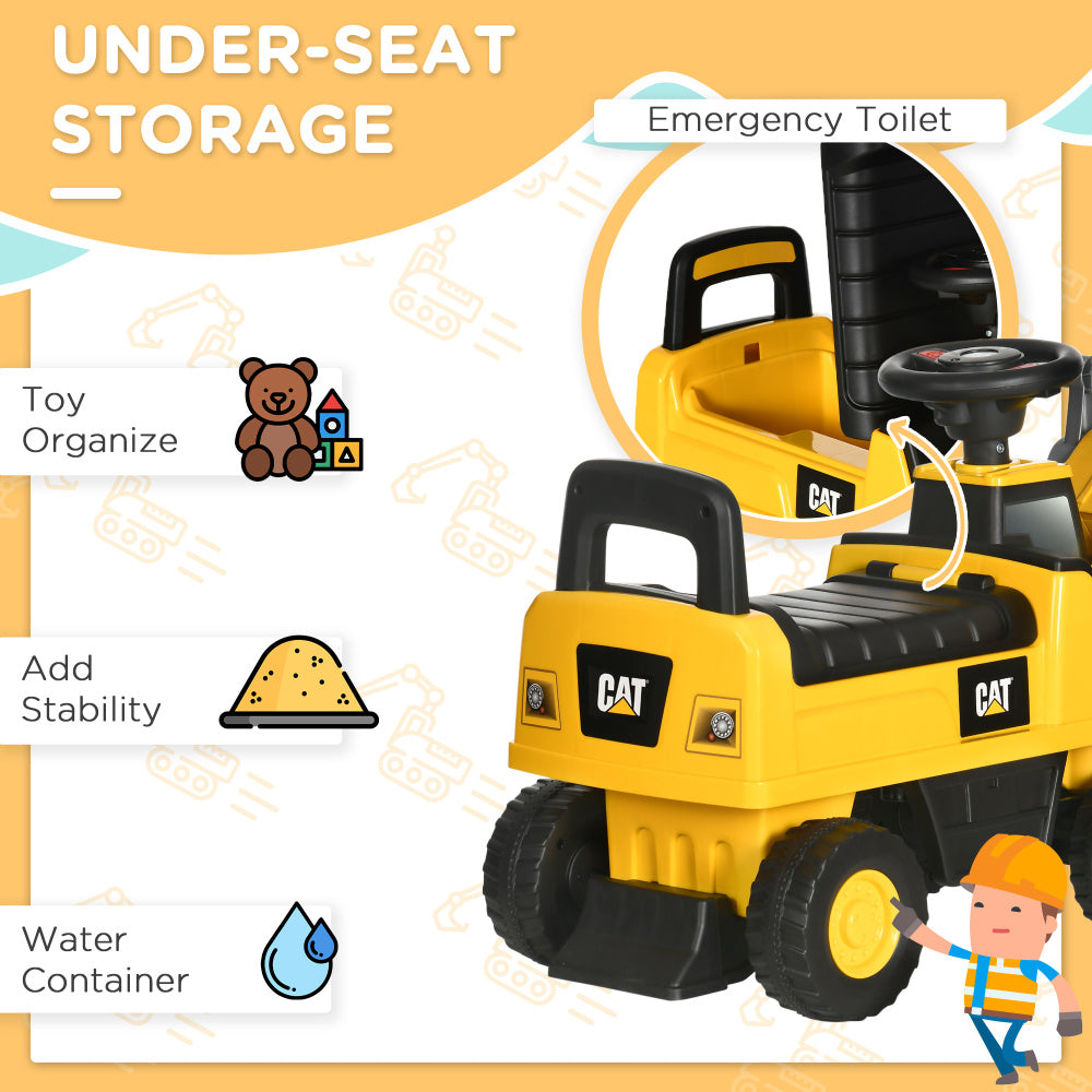 Aosom Ride on Excavator for Kids, Caterpillar CAT Licensed Ride on Digger Construction Vehicles with Manual Shovel, Horn, Hidden Storage, Foot to Floor No Power Kids Ride on Car for 1.5-3 Years