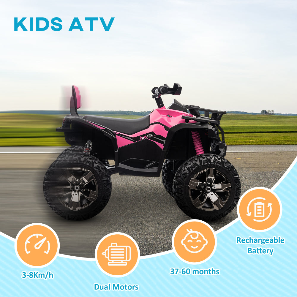 Aosom 12V Kids ATV Ride-on Four-Wheeler Toy Car with Music, Realistic Headlights, Wide Wheels, Rechargeable Battery-Powered, for Boys and Girls, Pink