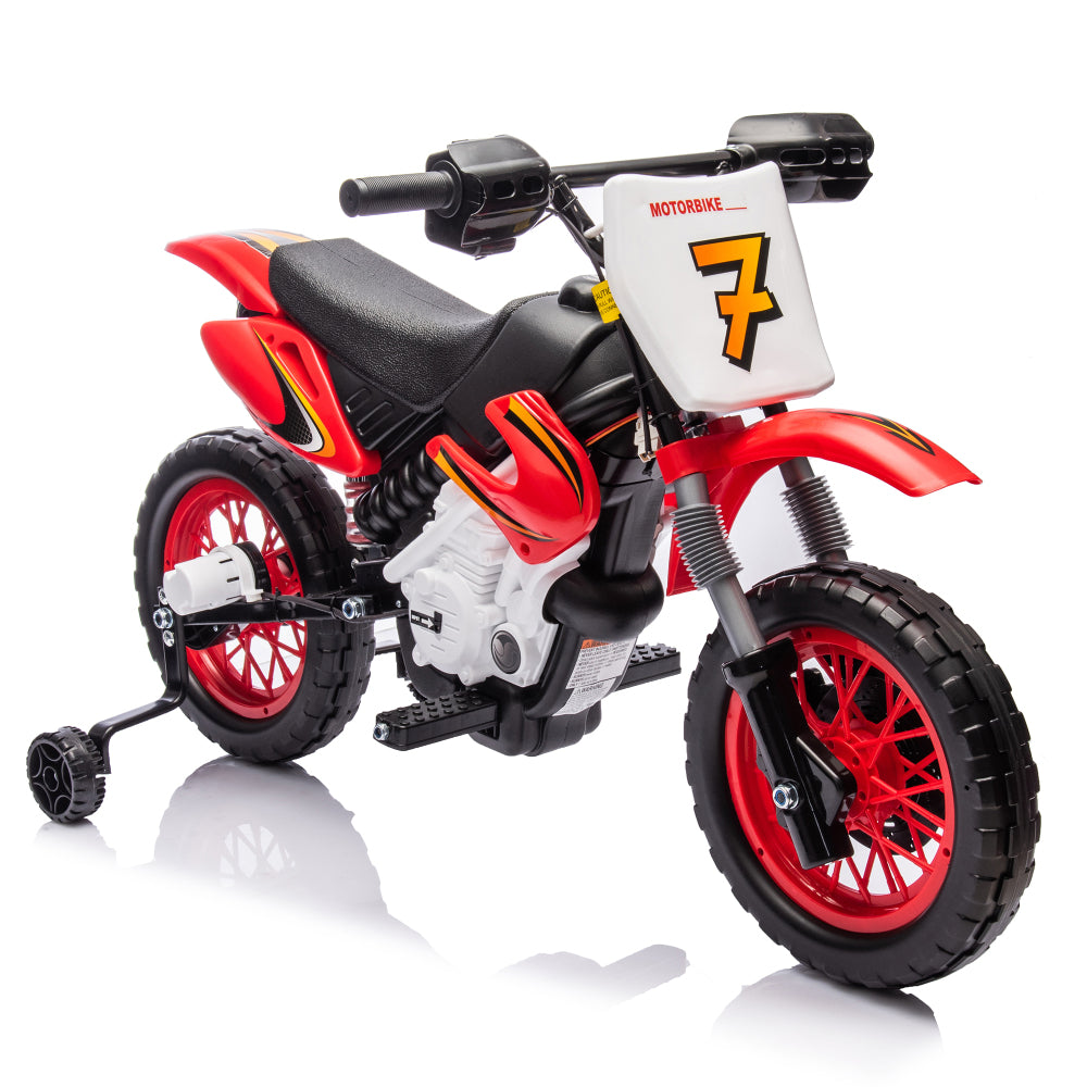 12V Kids Ride On Electric Toy Motorcycle,Rear suspension,Twist Grip Throttle,Slow Start,Removable training wheels,Indie music box with horn and engine,Simulation of dirt bike modeling for kids 3-8.