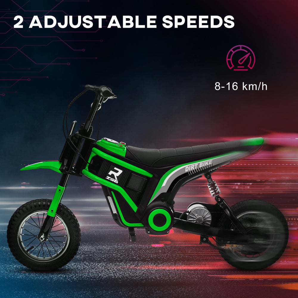 Aosom Electric Dirt Bike with Twist Grip Throttle, 24V 350W Off-Road Electric Motorcycle, Up to 15 MPH with Brake, Music Horn, Rear Suspension for Ages 13+ Years, Green