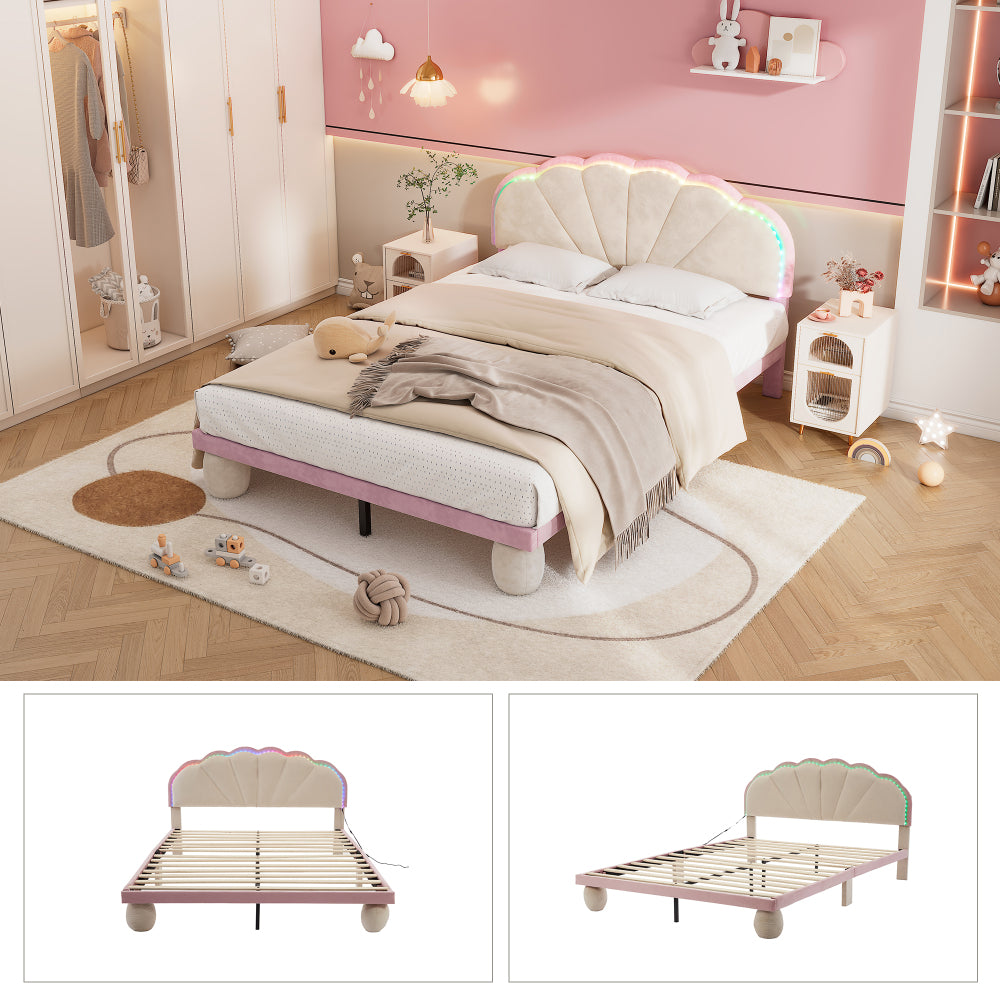 Polsterbett mit mehrfarbigen, wechselnden Lichtstreifen, Kopfteil mit Wellenschliff, mit gepolsterter runden Beine, Kinderbett, Jugendbett mit Holzlatten, Doppelbett, Samt, Beige+Rosa, 140x200cm