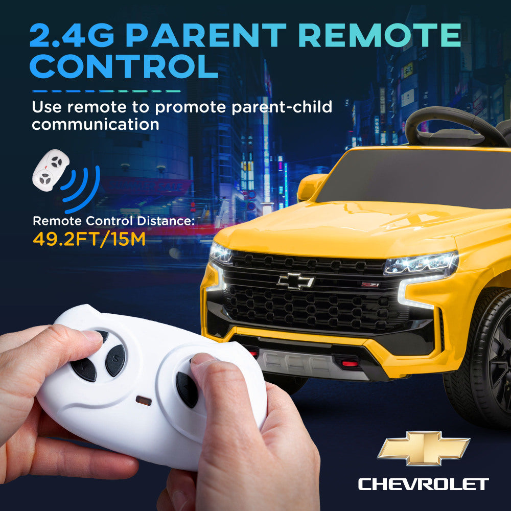 Aosom Chevrolet TAHOE Licensed Kids Ride on Car, 12V Battery Powered Kids Electric Car with Remote Control, 4-wheeler Suspension, Music, Lights, Horn, for Ages 3-6 Years Old, Yellow