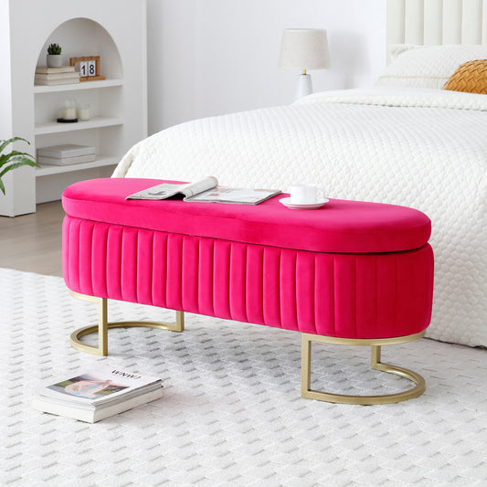 Storage Bench Bedroom Bench, Velvet Oval Upholstered End of Bed Bench with Golden Metal Legs,50"Modern Storage Ottoman Bench for Bedroom, Living Room,Entryway,Window, Rose Red