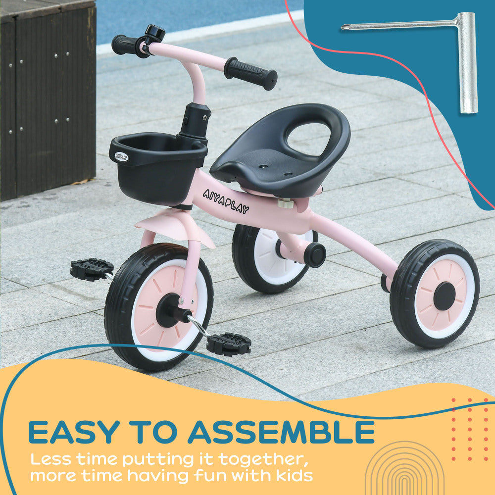 Qaba Kids Tricycle for Toddlers Age 2-5 with Adjustable Seat, Toddler Bike for Children with Basket, Bell, Handlebar Grips, Pink